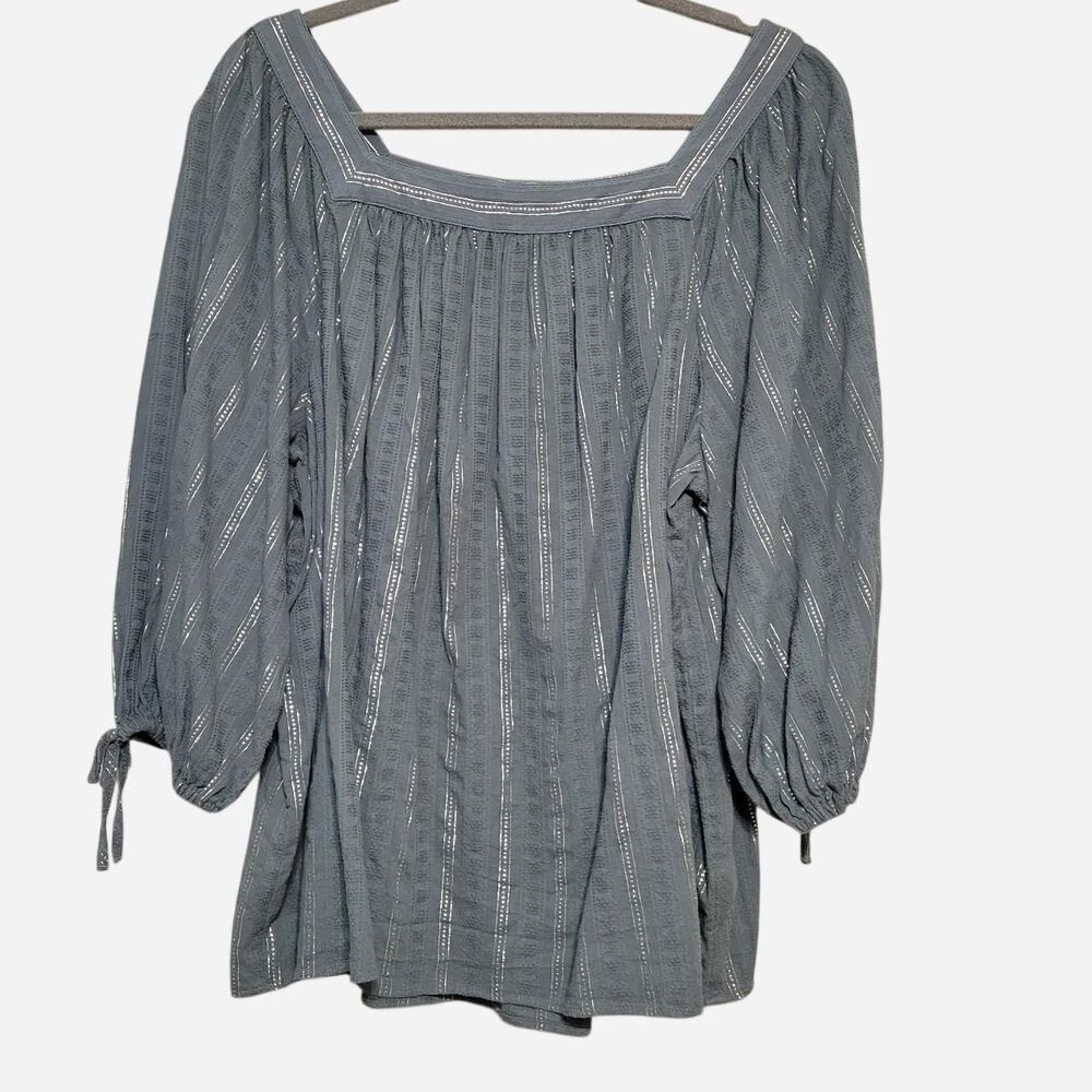 Lauren Conrad Women's XXL Blue and Silver Blouse Boho Peasant